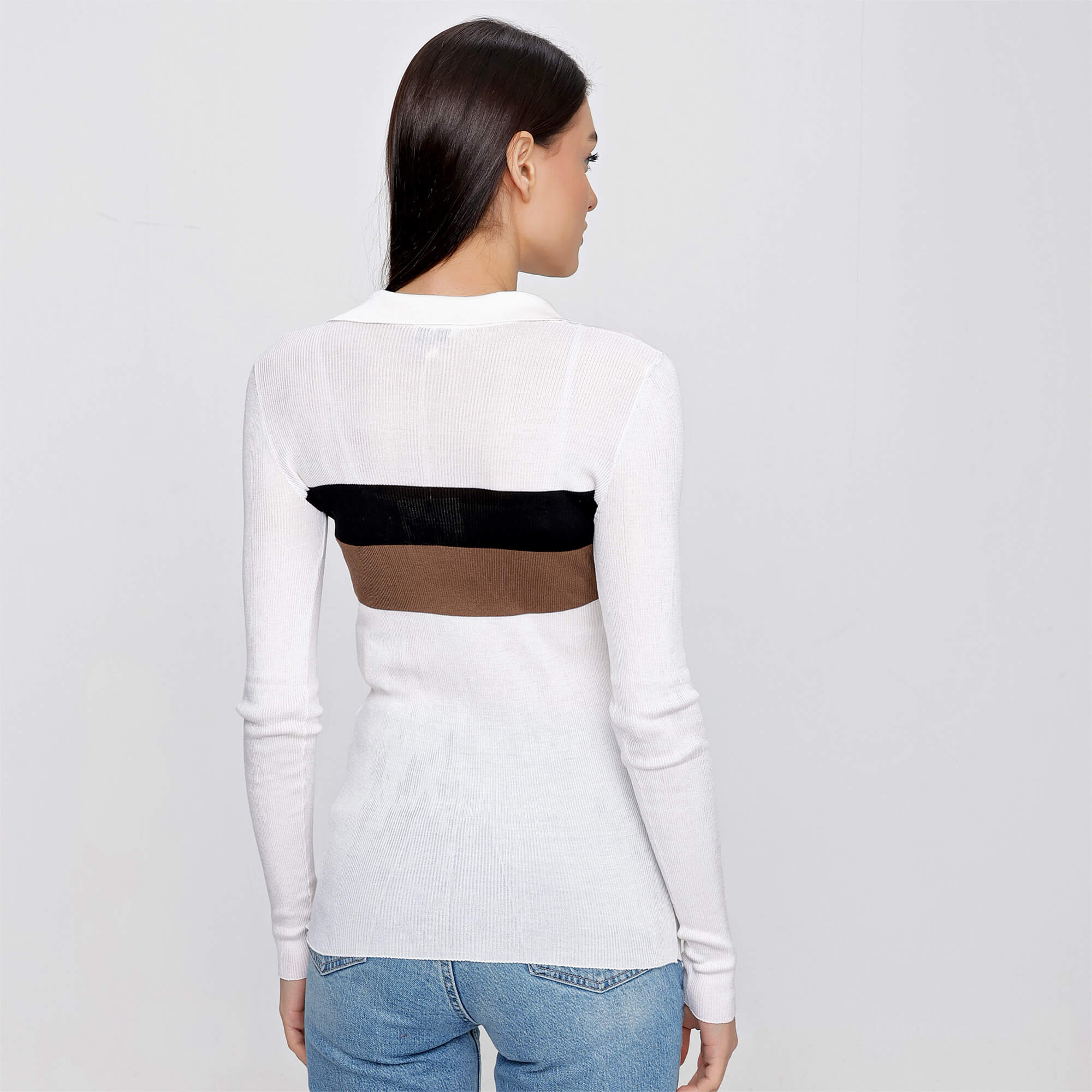 FENDI - White Collared Knit Black Striped Silk Sweater